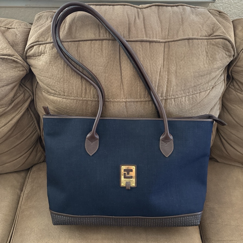 VTG Ted Lapidus Elegant Large Canvas Navy and Brown Embossed Leather Tote Bag